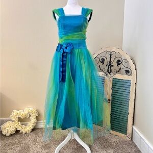 Vintage GUNNE SAX Jessica McClintock Y2K Vibrant Blue and Green Tulle Prom 7/8